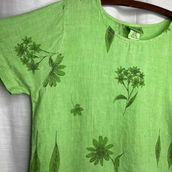Vintage Floral Linen Dyed Lime Green Dress - Picture 4 of 6